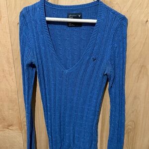 Women's M American Eagle V Neck Blue Knit Sweater